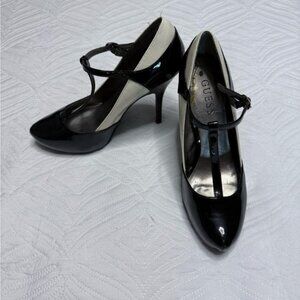 Guess Petra Women’s Black & Cream Patent Leather T-Strap Heel Pump. Size 8